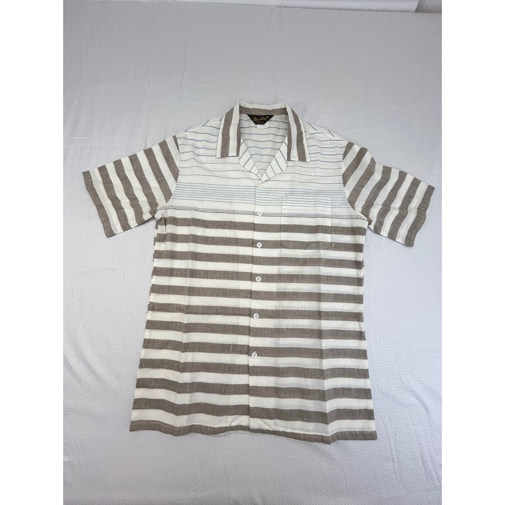 Vintage Mr Jan Mens Medium Striped Camp Shirt Short Sleeve Brown Blue California